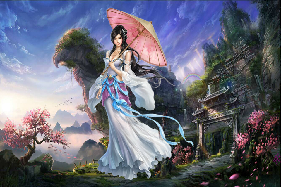 她好奇伸手，轻轻透过了瀑布。就在这时，她惊呼一声，也跟着消失不见。